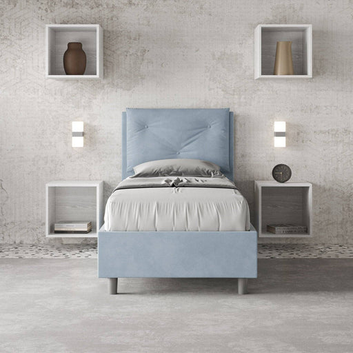 Letto singolo Appia 90x200 in microfibra azzurro con testiera trapuntata, perfetto per ambienti contemporanei e funzionali ITYHOME.