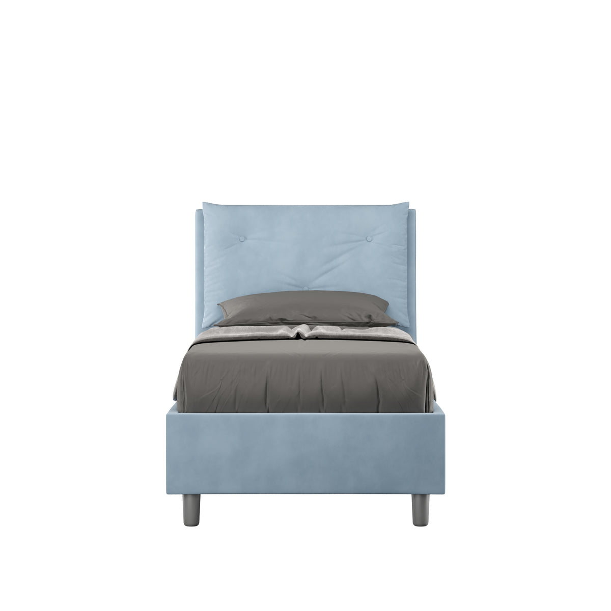 Letto singolo imbottito 80x190 microfibra Appia azzurro cielo, con testata trapuntata e design elegante per camere luminose e moderne.