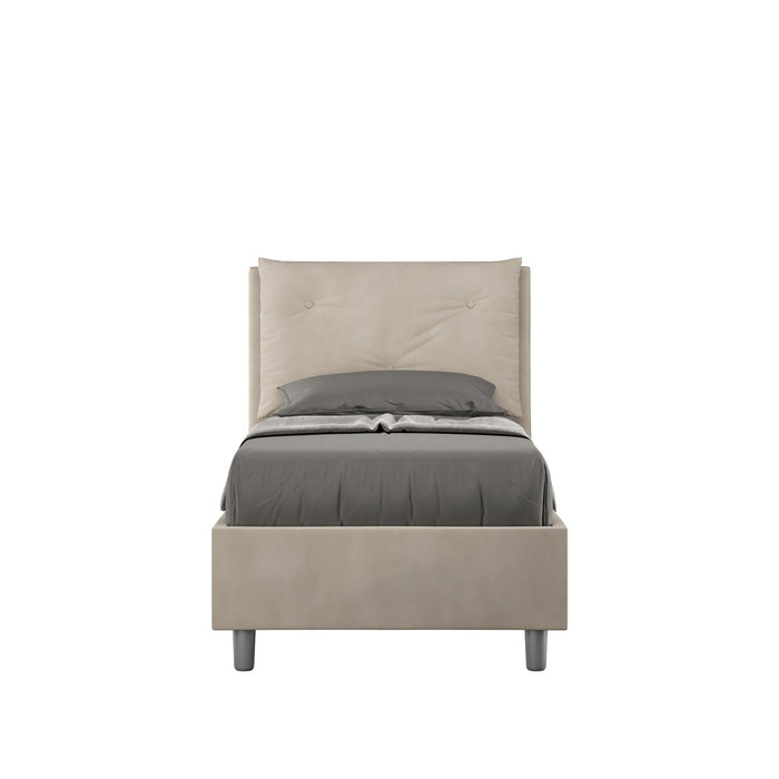 Letto singolo 80x200 Appia imbottito azzurro con testiera trapuntata, rete e contenitore integrato, design moderno.