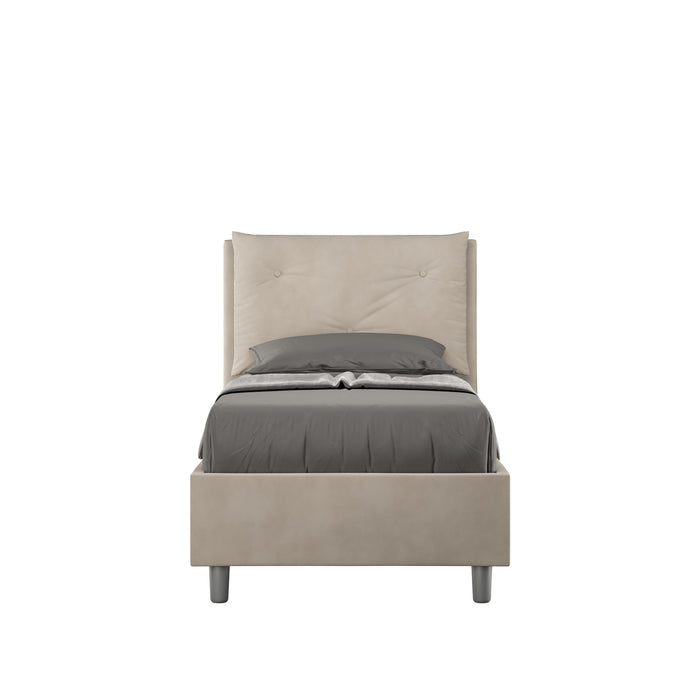Letto singolo imbottito 80x190 microfibra Appia beige tortora, con testata alta e struttura minimal, ideale per camere eleganti e sobrie.