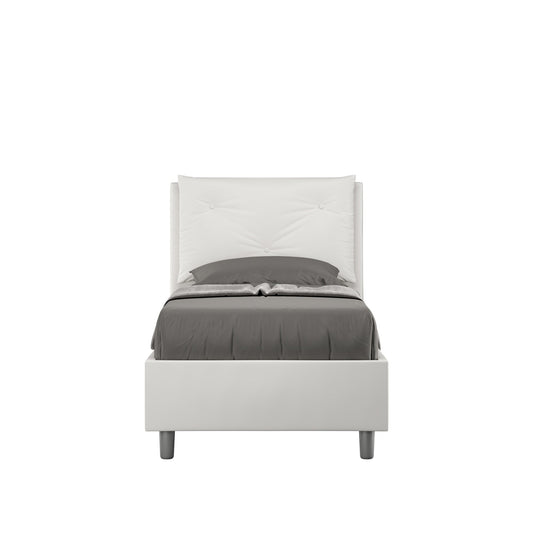 Letto singolo 80x200 imbottito in similpelle bianca con testiera trapuntata, design moderno, Made in Italy.