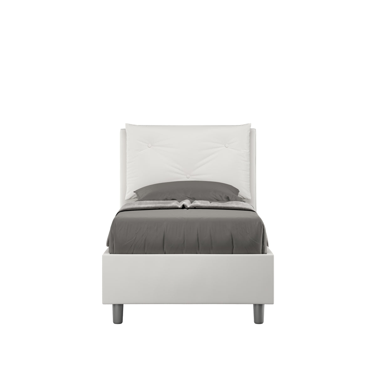 Letto singolo imbottito similpelle Appia bianco senza rete, testata trapuntata e giroletto moderno, ideale per camere minimaliste