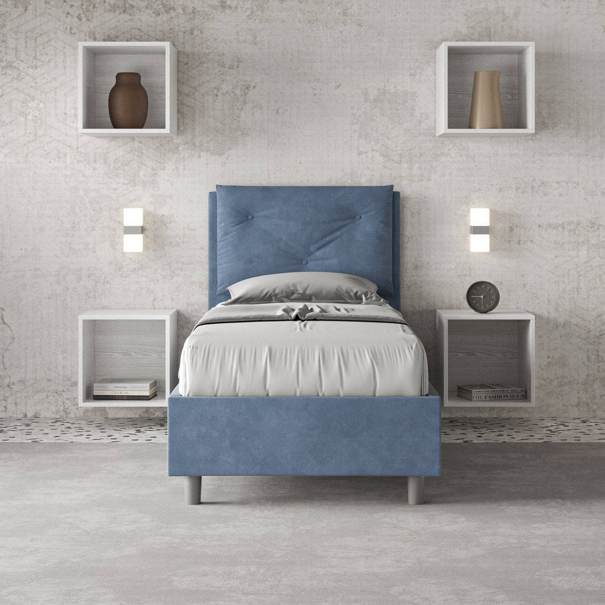 Letto singolo Appia 90x200 blu scuro in microfibra con testiera imbottita, perfetto per camere moderne e accoglienti ITYHOME.