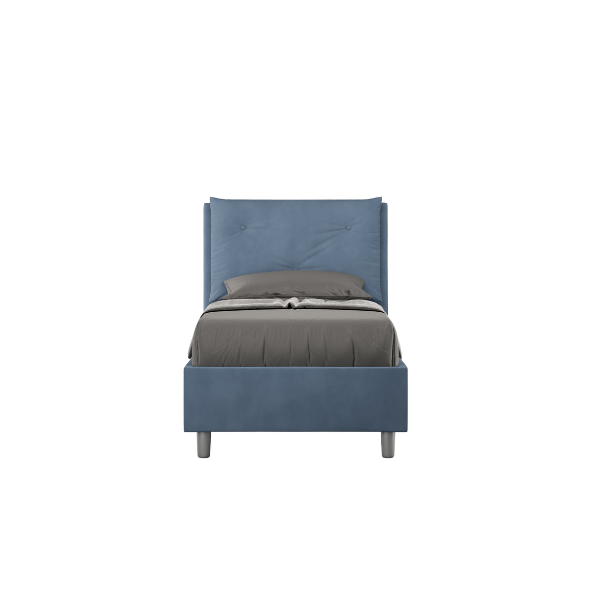 Letto singolo imbottito 80x190 microfibra Appia blu navy, con testata alta e piedini grigi, ideale per camere moderne e funzionali.