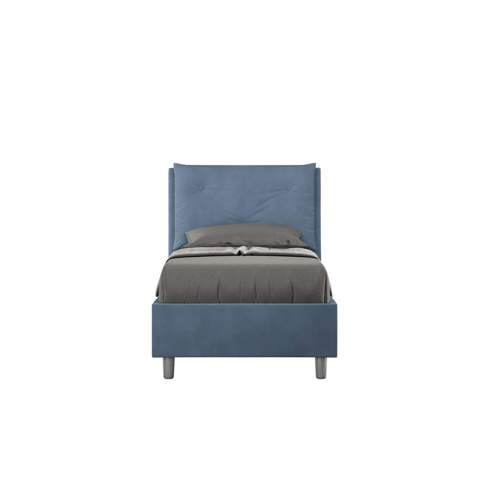 Letto singolo imbottito 80x190 microfibra Appia blu navy, con testata alta e piedini grigi, ideale per camere moderne e funzionali.