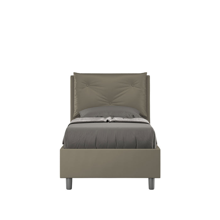 Letto singolo imbottito similpelle Appia grigio scuro, con testiera trapuntata e giroletto minimal, perfetto per ambienti moderni