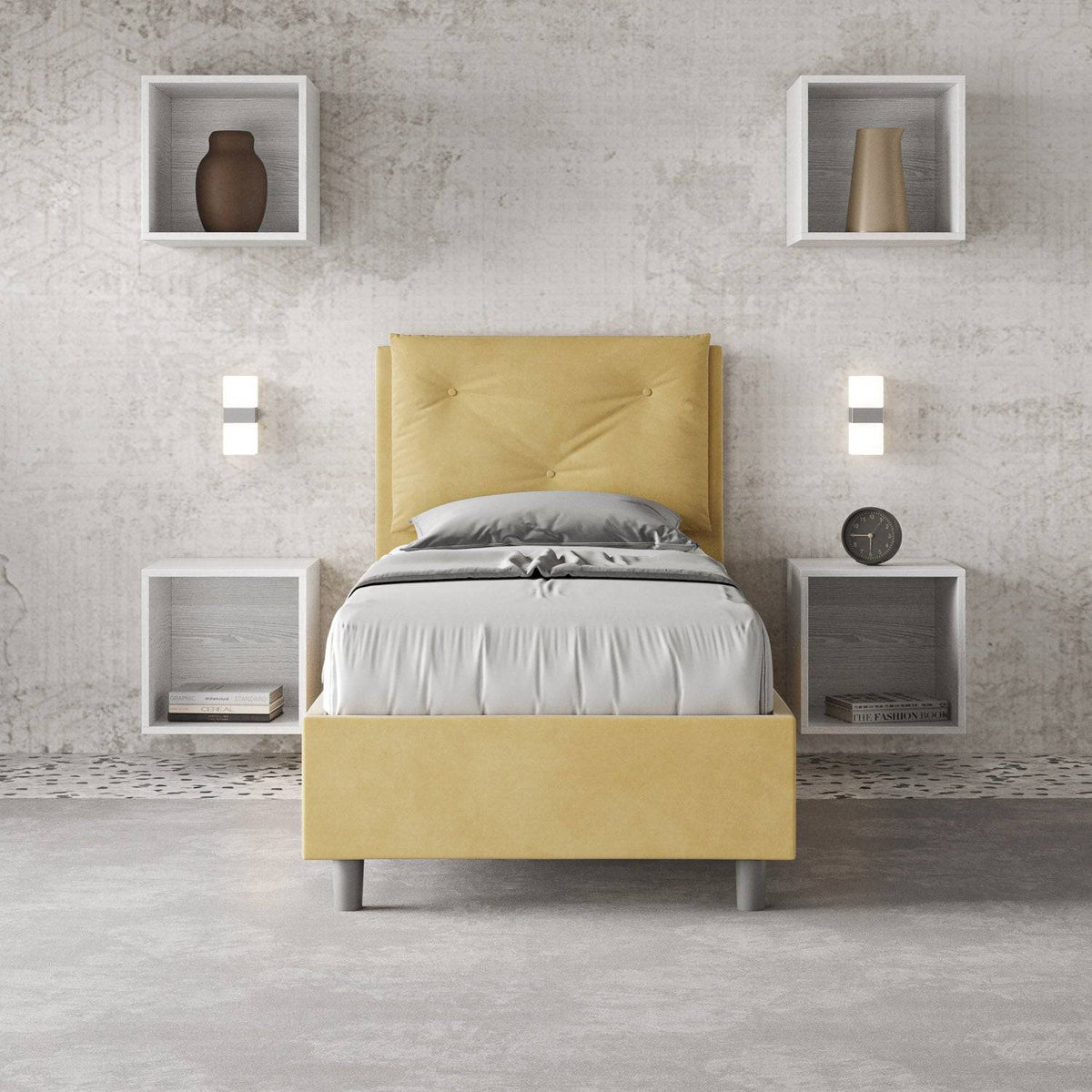 Letto singolo imbottito Appia 90x200 giallo ocra in microfibra con testiera trapuntata, perfetto per camere luminose ITYHOME.