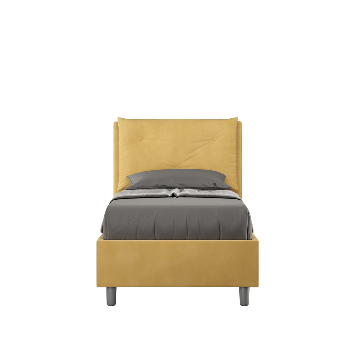 Letto singolo imbottito 80x190 microfibra Appia giallo ocra, con testata alta e piedini grigi, perfetto per ambienti vivaci e moderni.