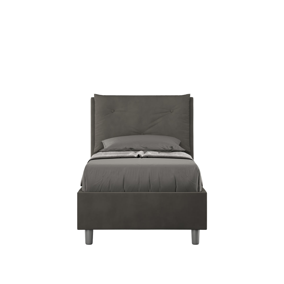 Letto singolo imbottito 80x190 microfibra Appia grigio antracite, con testata alta e piedini grigi, ideale per camere moderne e sobrie.