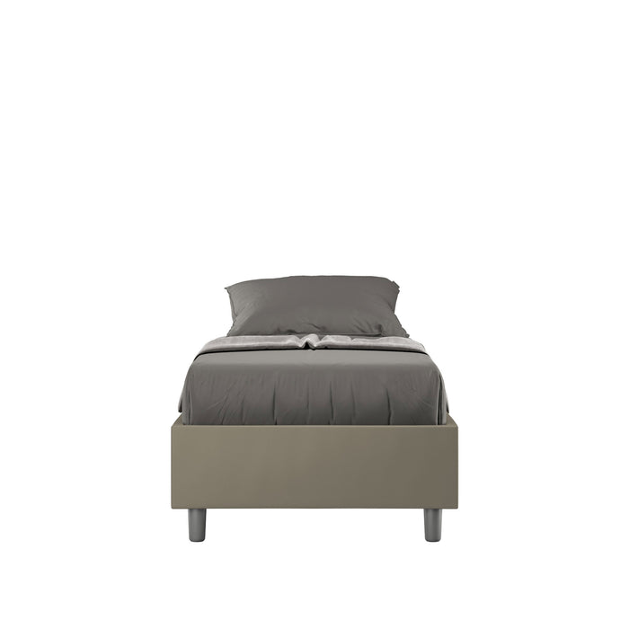 Letto singolo imbottito similpelle Azelia grigio oliva con rete, design essenziale adatto a camere moderne e funzionali.