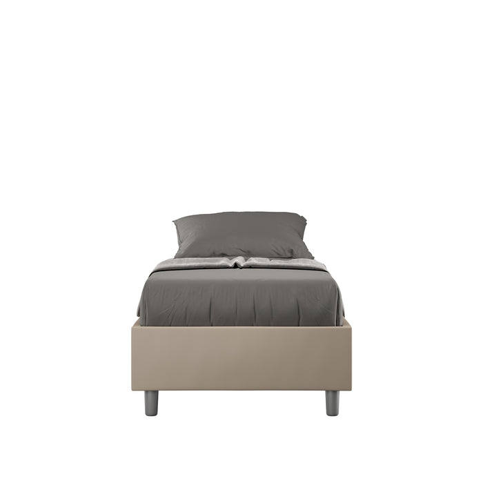 Letto singolo imbottito similpelle Azelia beige con rete. Stile moderno e versatile per camere da letto eleganti.