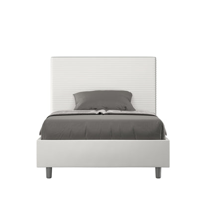 Letto singolo contenitore Focus in similpelle bianca con testata imbottita, design elegante per camere moderne e minimaliste.