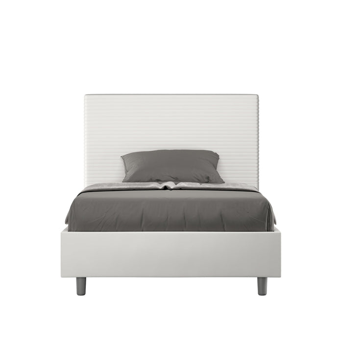 Letto singolo contenitore Focus in similpelle bianca con testata imbottita, design elegante per camere moderne e minimaliste.