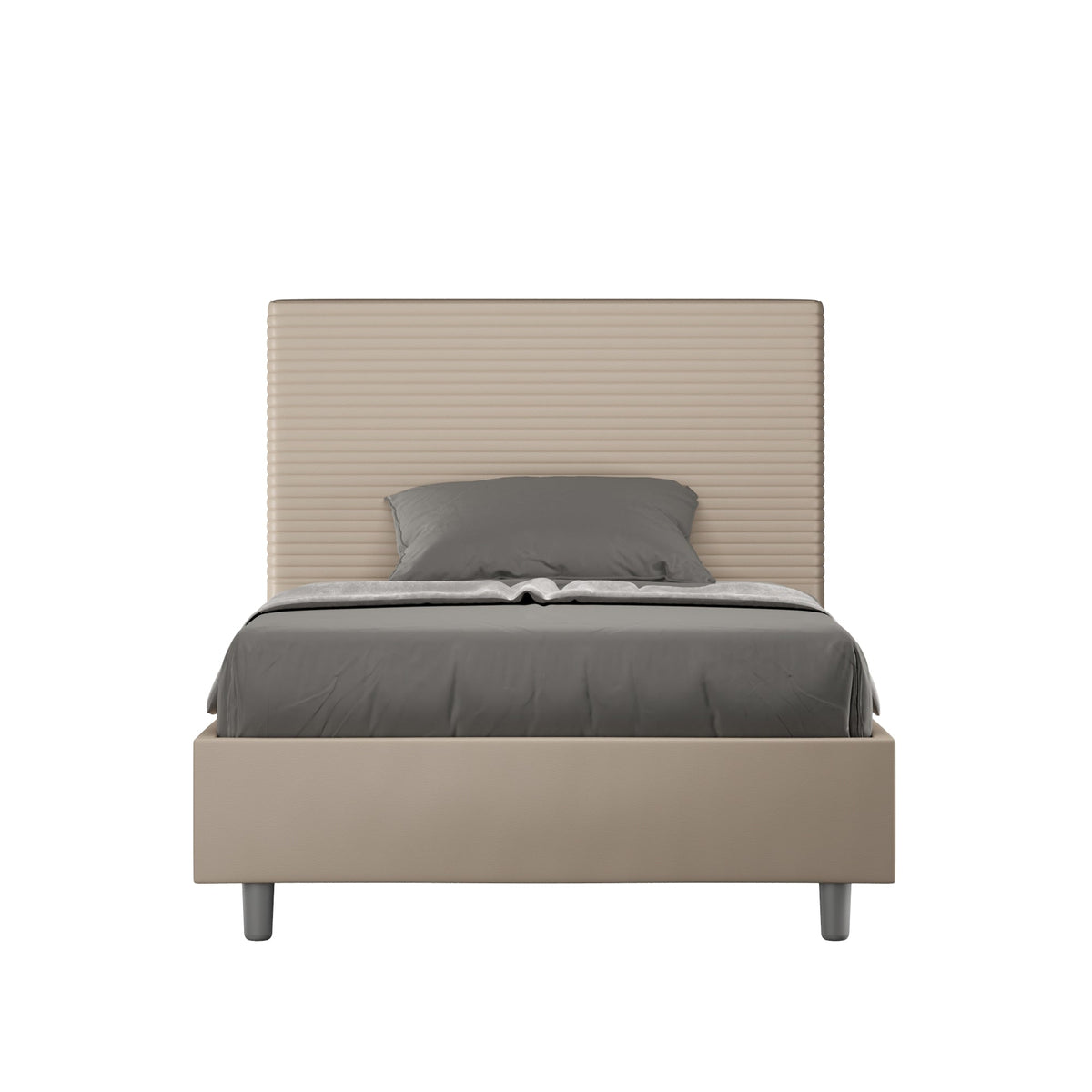 Letto singolo contenitore Focus in similpelle beige con testata imbottita, design moderno per camere eleganti e funzionali.
