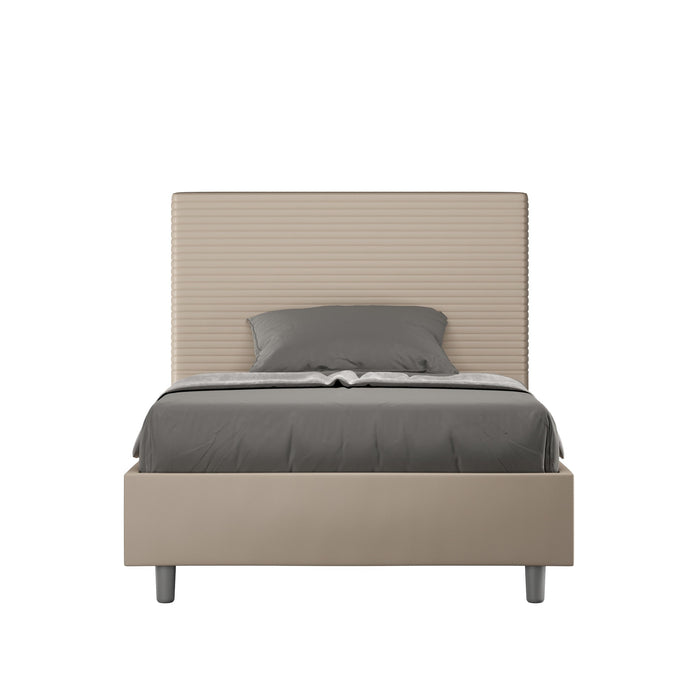 Letto singolo contenitore Focus in similpelle beige con testata imbottita, design moderno per camere eleganti e funzionali.
