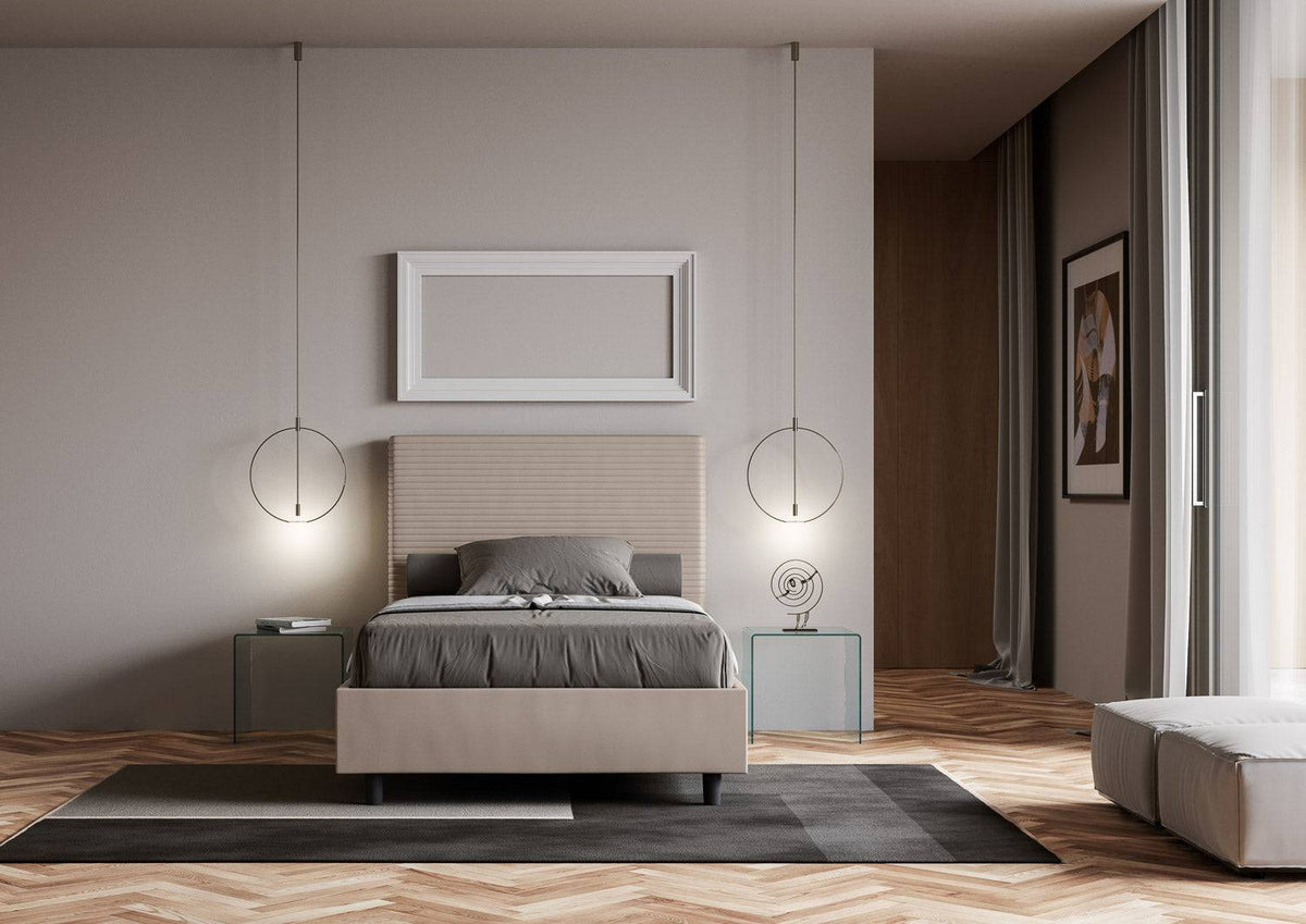 Letto singolo contenitore Focus beige in similpelle, perfetto per arredare camere moderne con stile e praticità.