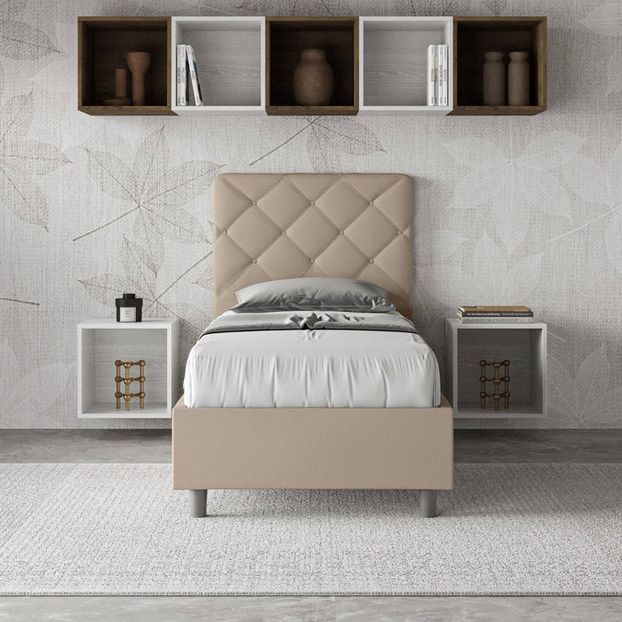 Letto singolo Priya 90x190 beige con contenitore, ideale per camere moderne, con testiera imbottita e arredi coordinati