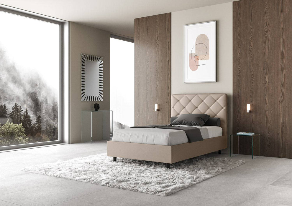 Letto singolo Priya beige con contenitore, perfetto per arredare camere luminose e contemporanee.