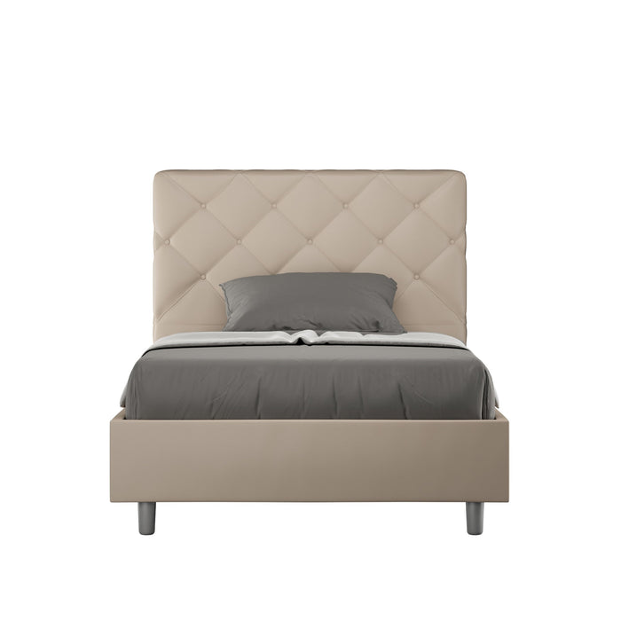 Letto singolo contenitore imbottito similpelle Priya beige con testiera trapuntata, design elegante per camere moderne.