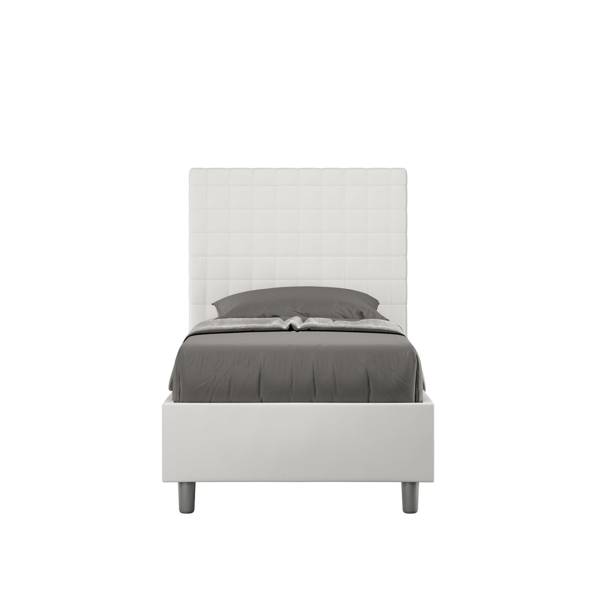 Letto singolo imbottito similpelle Sunny 80x200 bianco con testiera trapuntata, ideale per camere moderne e arredamento elegante.