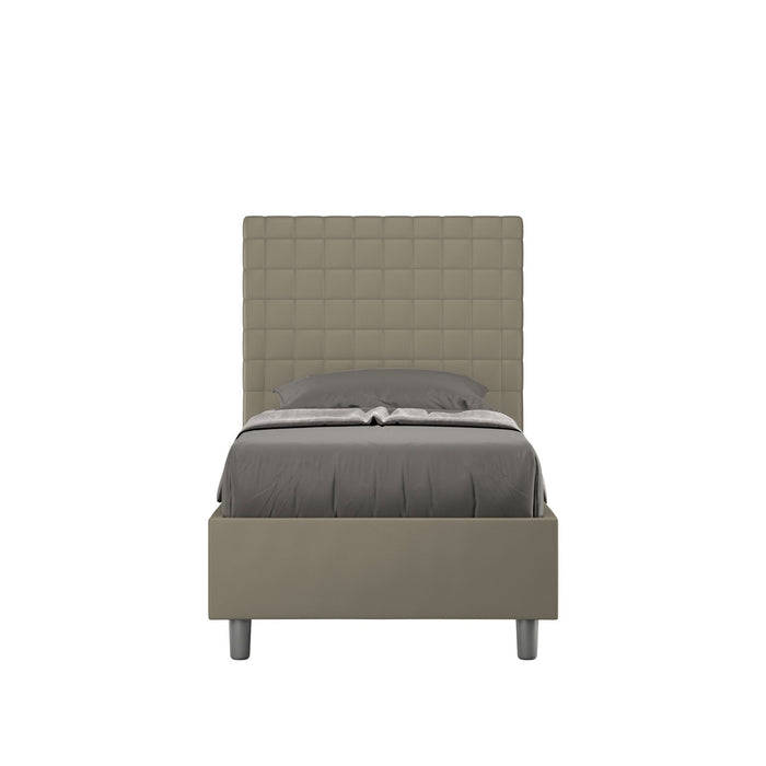 Letto singolo imbottito similpelle Sunny grigio scuro con testiera a quadri. Design sobrio per camere minimaliste e contemporanee.