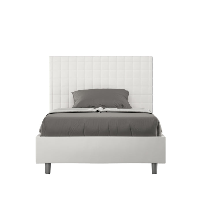 Letto singolo contenitore imbottito similpelle Sunny bianco con testiera trapuntata, design elegante per camere da letto contemporanee.