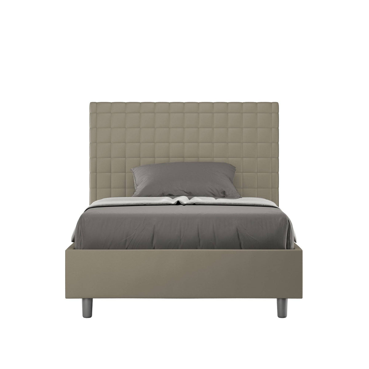 Letto singolo contenitore imbottito similpelle Sunny grigio tortora con testiera trapuntata, ideale per camere moderne e salvaspazio.