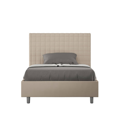 Letto singolo contenitore imbottito similpelle Sunny beige con testiera trapuntata, perfetto per camere da letto moderne e funzionali.