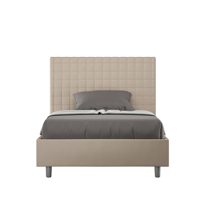 Letto singolo contenitore imbottito similpelle Sunny beige con testiera trapuntata, perfetto per camere da letto moderne e funzionali.