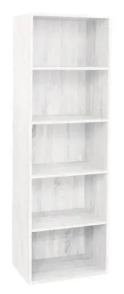 Libreria componibile multifunzionale in MDF bianco con cinque ripiani, ideale per spazi moderni e organizzati.