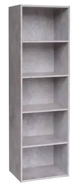 Libreria componibile in MDF grigio cemento con cinque ripiani, dal design contemporaneo e versatile.