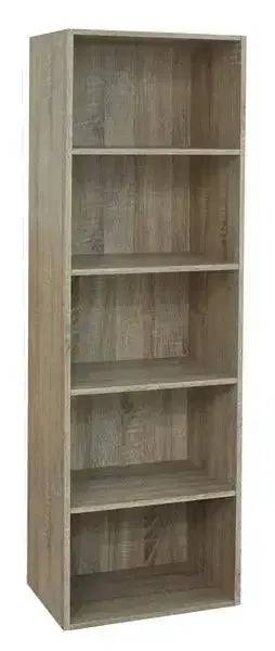 Libreria multifunzionale in MDF effetto legno naturale con cinque ripiani, ideale per ambienti caldi e accoglienti.