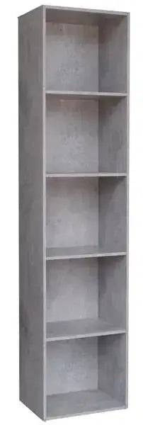 Libreria alta e stretta in MDF grigio cemento con cinque ripiani, perfetta per spazi moderni e minimalisti.