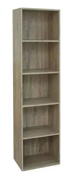 Libreria componibile in MDF effetto legno naturale con cinque ripiani, adatta per organizzare libri e decorazioni.