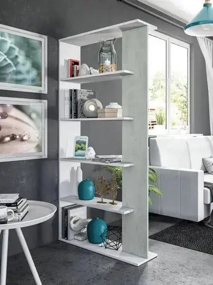 Libreria Alida 90x25x180 cm con 5 ripiani, design moderno bianco e grigio cemento, ideale per soggiorni eleganti e funzionali.
