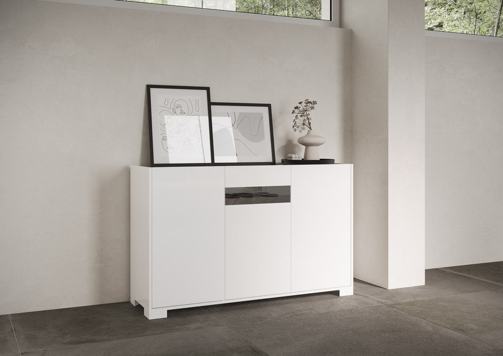 Madia e Credenza alta con Porta TV Riflesso bianco lucido e cashmere