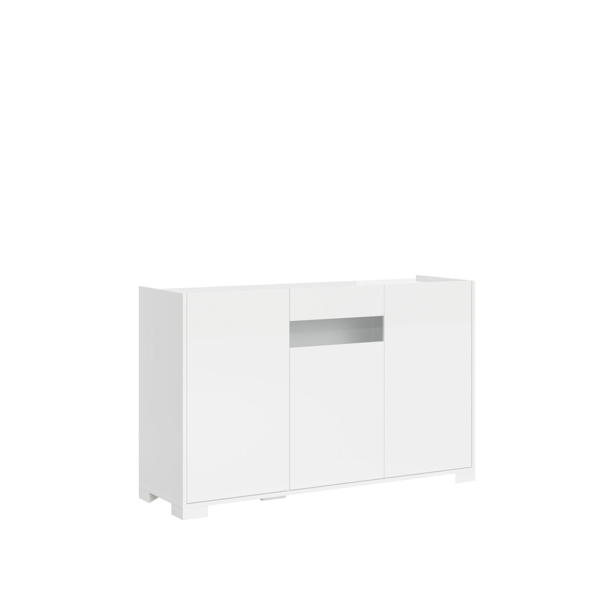 Madia Riflesso bianco lucido con vano centrale aperto, perfetta per ambienti contemporanei. Mobile contenitore versatile e raffinato.