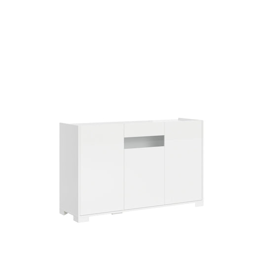 Madia Riflesso bianco lucido con vano centrale aperto, perfetta per ambienti contemporanei. Mobile contenitore versatile e raffinato.