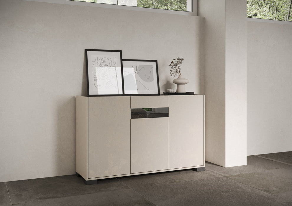 Madia e Credenza alta con Porta TV Riflesso bianco lucido e cashmere