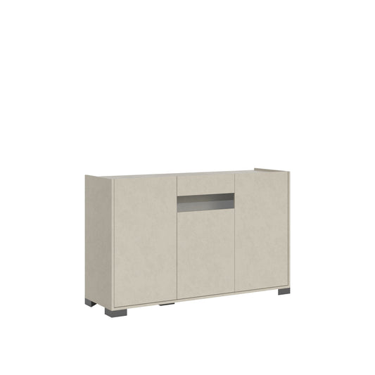 Madia Riflesso in finitura cashmere con tre ante e vano a giorno, ideale per soggiorni moderni. Design elegante e funzionale.
