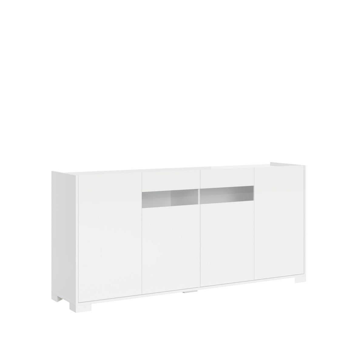 Credenza Riflesso bianco lucido con quattro ante e vano centrale. Mobile capiente per soggiorni moderni e raffinati.