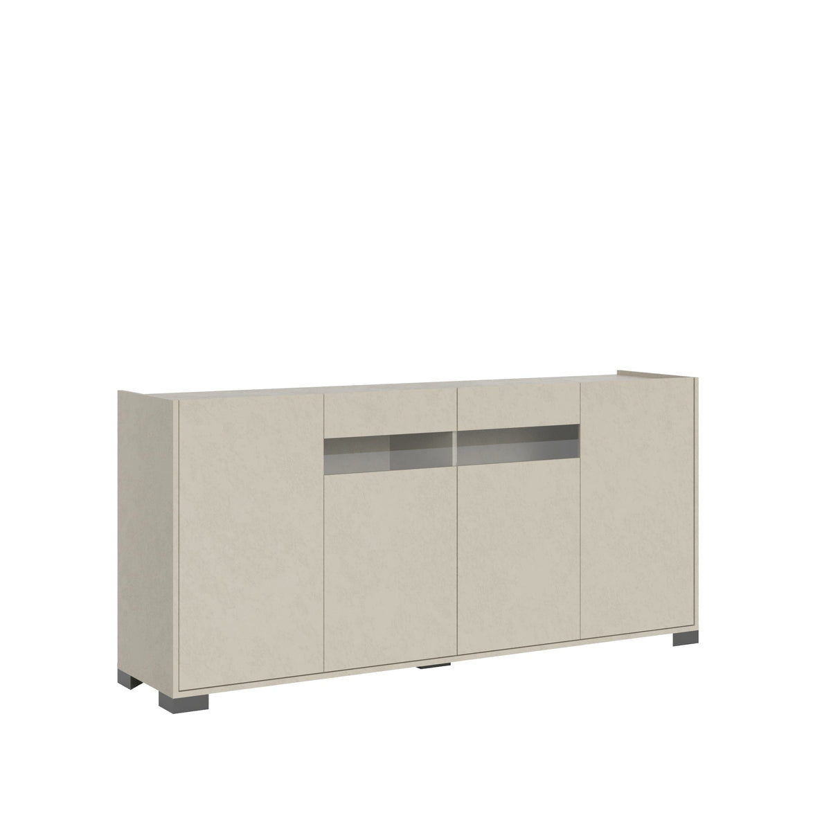 Credenza Riflesso in finitura cashmere con quattro ante e vano centrale. Mobile elegante per soggiorni moderni.