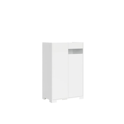 Credenza alta compatta Riflesso bianco lucido con due ante e vano centrale. Mobile salvaspazio per ambienti moderni.