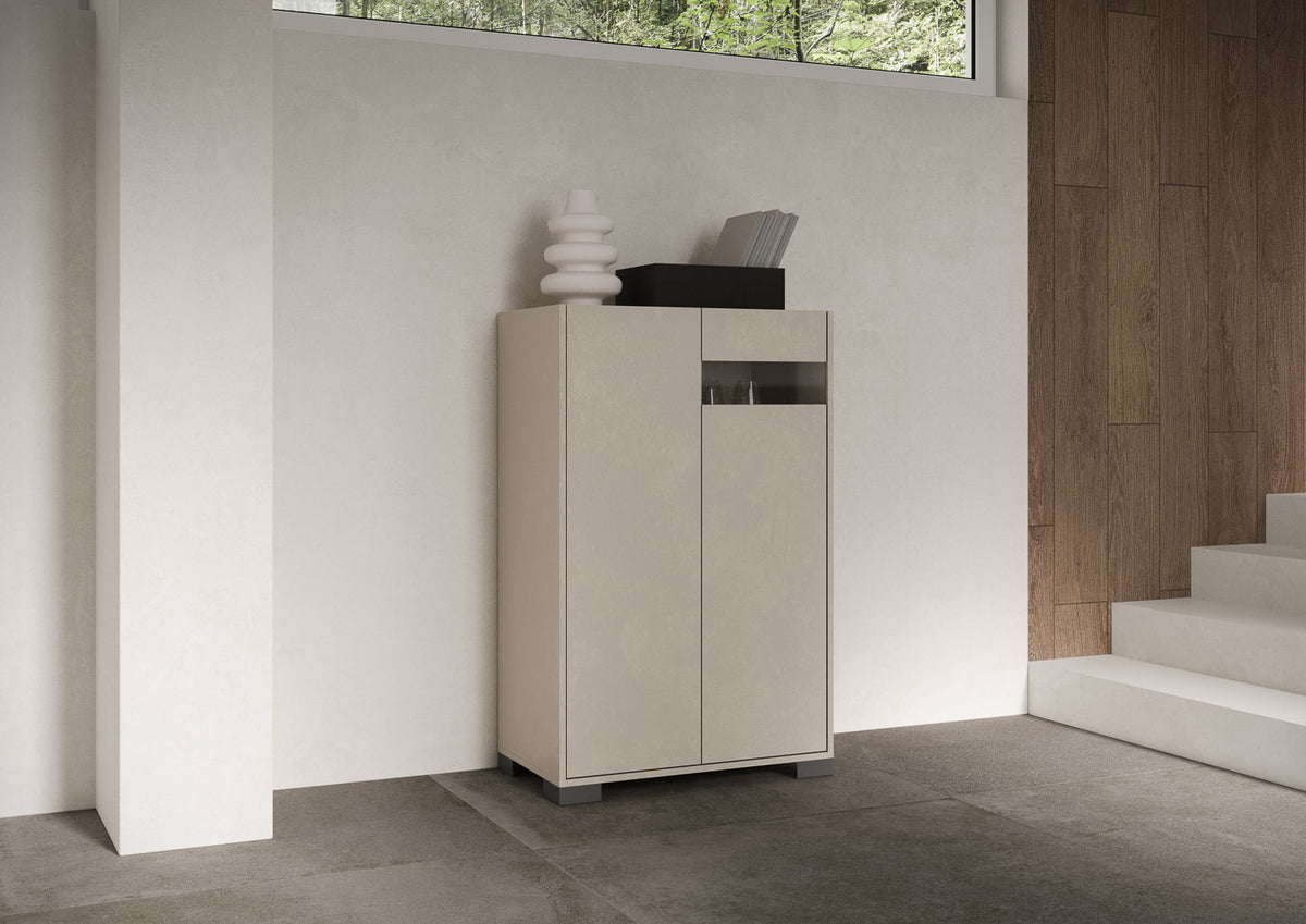 Itamoby Madia e Credenza alta con Porta TV Riflesso bianco lucido e cashmere