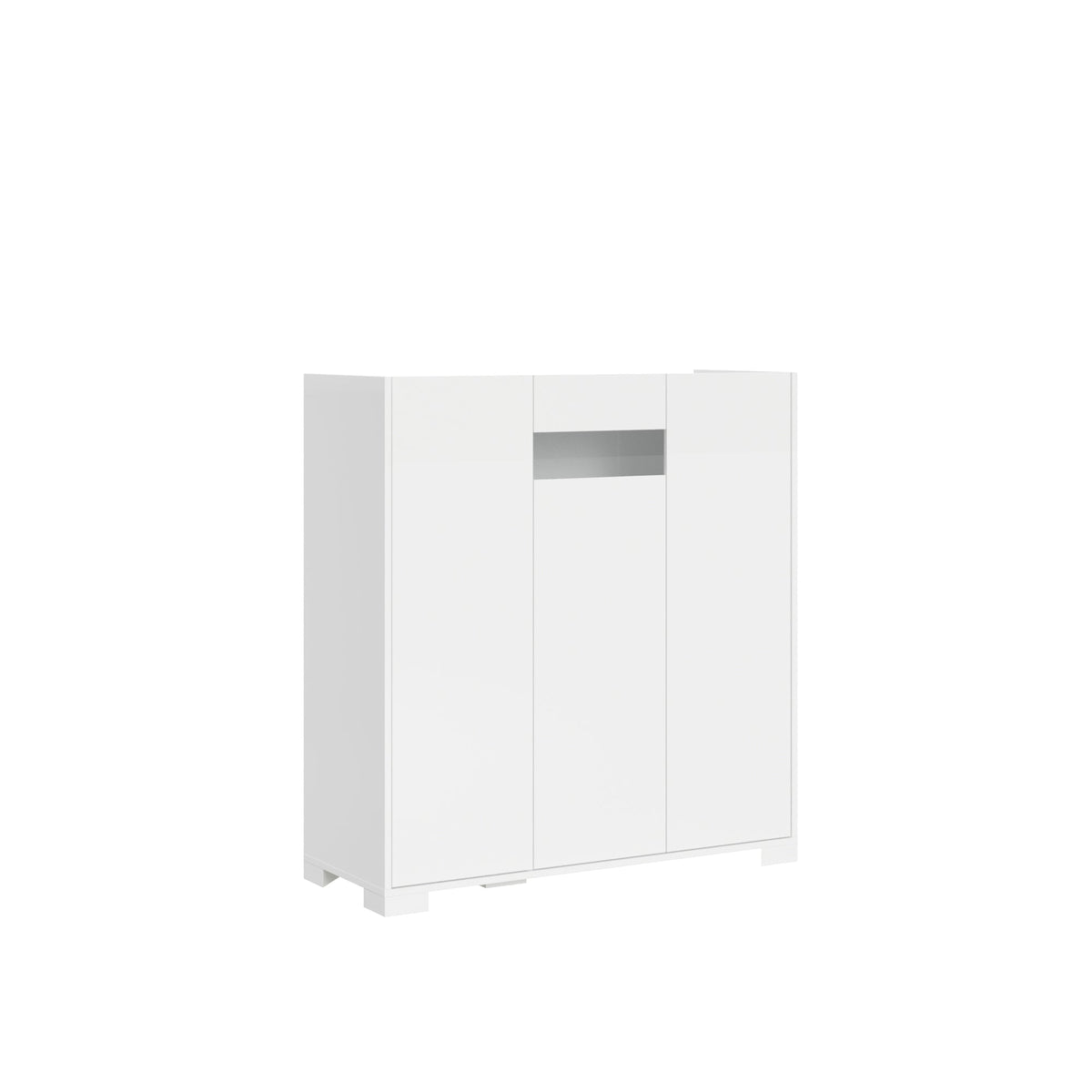 Credenza alta Riflesso bianco lucido con tre ante e vano centrale. Mobile moderno per ambienti eleganti e ordinati.