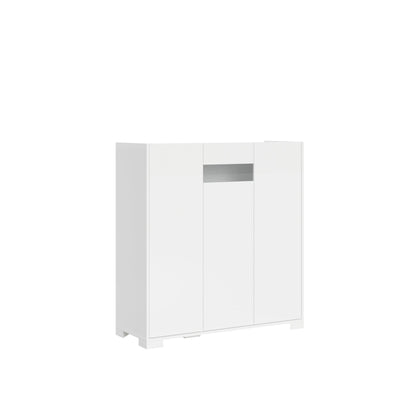 Credenza alta Riflesso bianco lucido con tre ante e vano centrale. Mobile moderno per ambienti eleganti e ordinati.