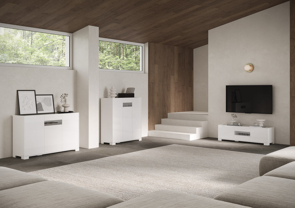 Madia e Credenza alta con Porta TV Riflesso bianco lucido e cashmere