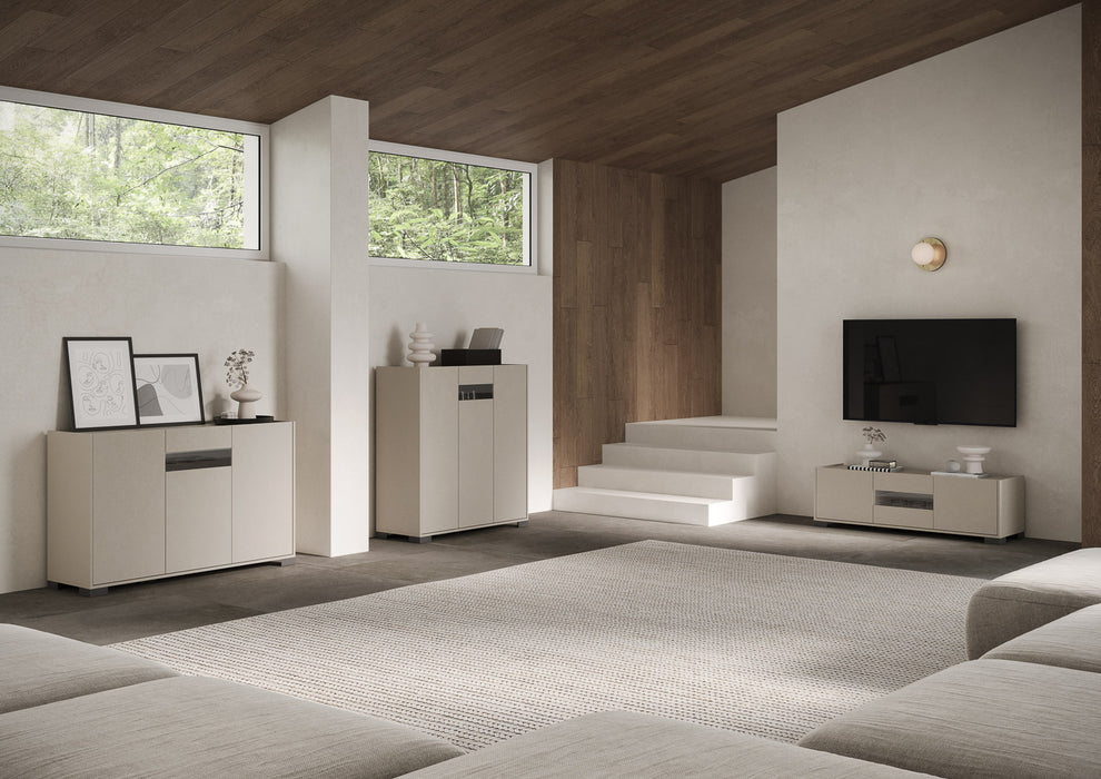 Madia e Credenza alta con Porta TV Riflesso bianco lucido e cashmere