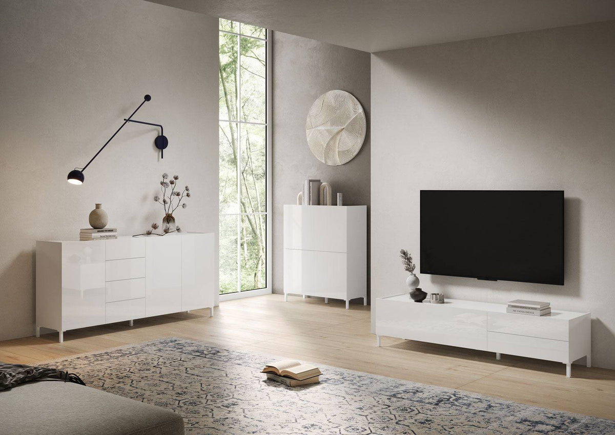 Composizione soggiorno con madia e porta TV Solaria bianco lucido, arredo elegante e funzionale per ambienti moderni e luminosi.