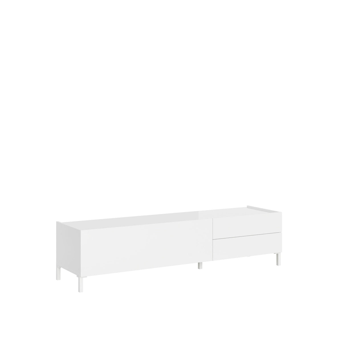Porta TV Solaria bianco lucido con anta e due cassetti, mobile basso moderno per soggiorni eleganti e funzionali.